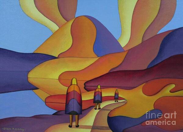 Landscape Poster featuring the painting Sacred Mountain And 3 Figures In Ritual Clothing by Alan Kenny
