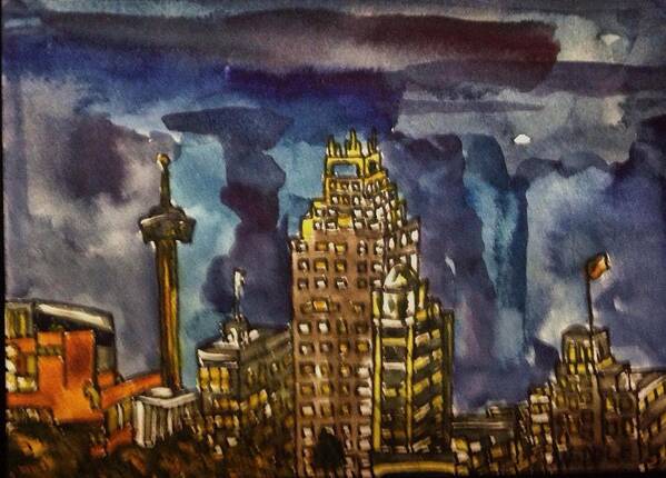 Aceo Poster featuring the painting San Antonio at Night #2 by Angela Weddle