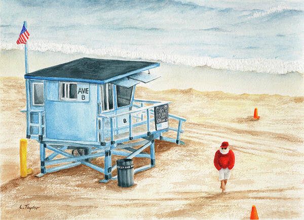 Santa On The Beach Poster featuring the painting Santa is on the Beach by Lori Taylor