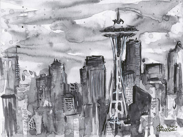 Seattle Poster featuring the painting Seattle Skyline Space Needle by Olga Shvartsur
