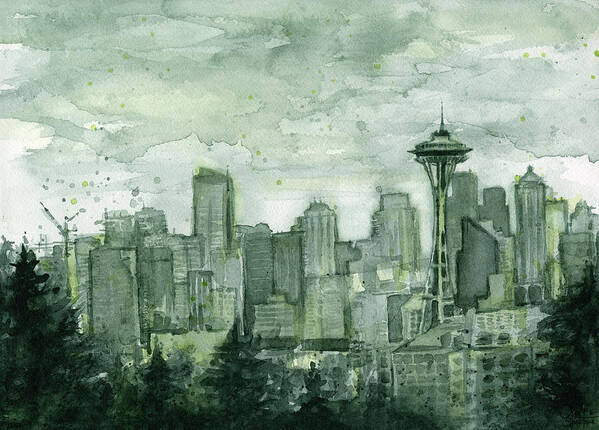 Seattle Poster featuring the painting Seattle Skyline Watercolor Space Needle by Olga Shvartsur