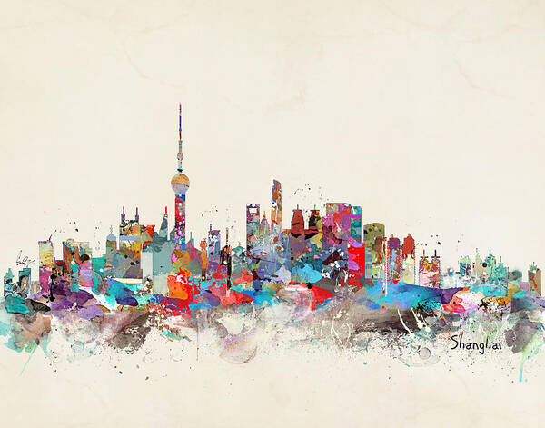 Shanghai City Skyline Poster featuring the painting Shanghai Skyline by Bri Buckley