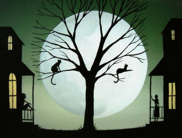 Folk Art Poster featuring the painting Sharing The Moon - cat silhouette art by Debbie Criswell