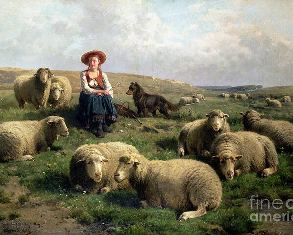 Shepherdess With Sheep In A Landscape By C. Leemputten (1841-1902) And Gerard Poster featuring the painting Shepherdess with Sheep in a Landscape by C Leemputten and T Gerard