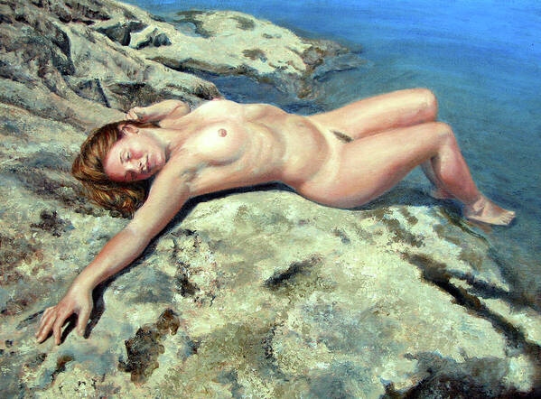 Nude Woman Poster featuring the painting Stretch on Rock Ledge by Marie Witte