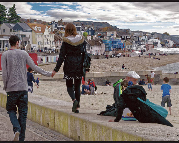 Beach Poster featuring the photograph Strolling Along Lyme Regis Beach by Peggy Dietz