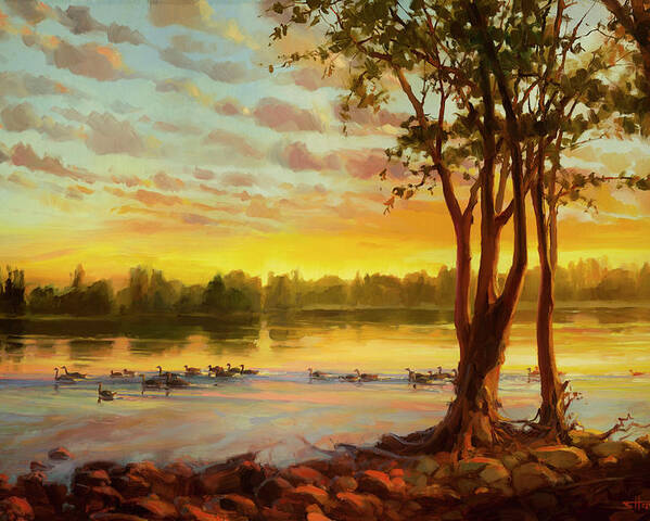 Landscape Poster featuring the painting Sunrise on the Columbia by Steve Henderson