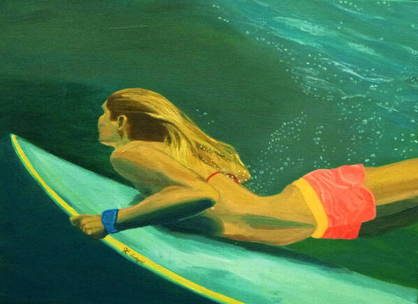 Surf Poster featuring the painting Surfer Girl Duck Dive by Jenn C Lindquist