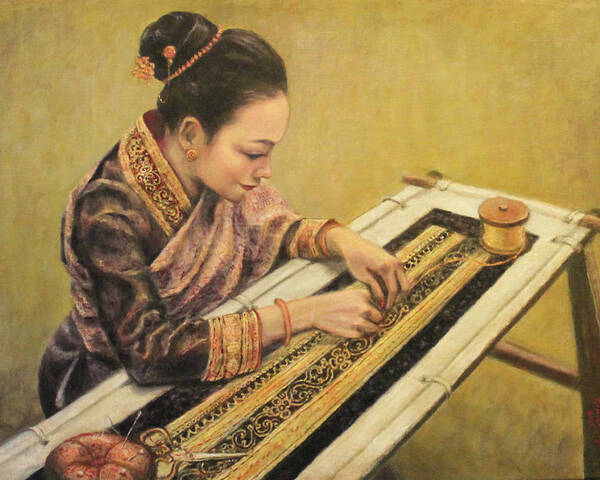 Lao Gold Thread Embroidery Poster featuring the painting The Embroiderer by Sompaseuth Chounlamany