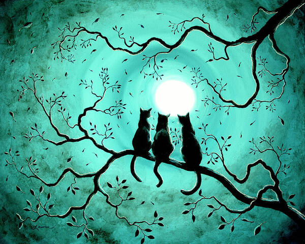 Black Poster featuring the painting Three Black Cats Under a Full Moon by Laura Iverson