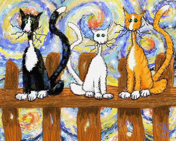 Cats Poster featuring the digital art Three cats on a fence by Debra Baldwin