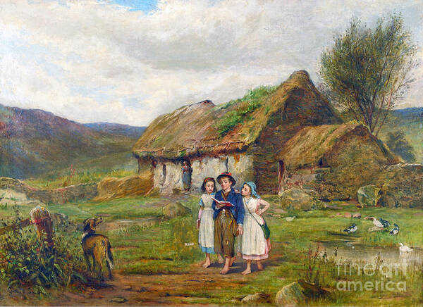 Carlton Alfred Smith - Three Children And A Dog Beside A Scottish Croft 1878 Poster featuring the painting Three Children and a Dog Beside a Scottish Croft by MotionAge Designs