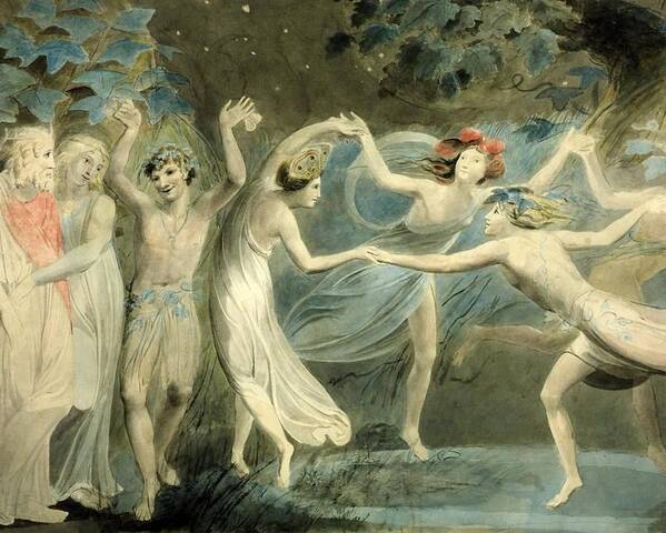 William Blake 1757–1827  Oberon Poster featuring the painting Titania and Puck with Fairies Dancing by William Blake