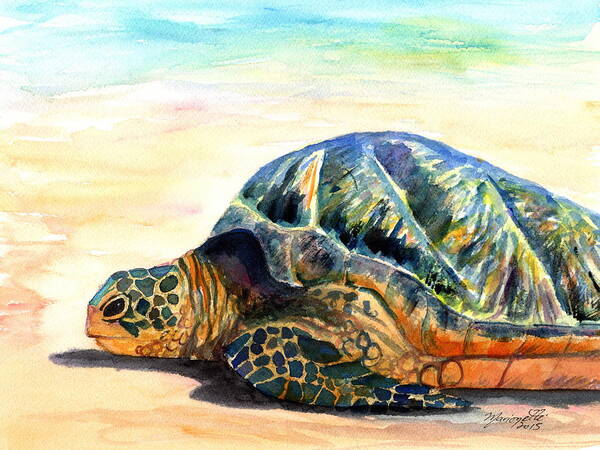 Green Sea Turtle Poster featuring the painting Turtle at Poipu Beach 8 by Marionette Taboniar