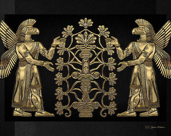 ‘treasures Of Mesopotamia’ Collection By Serge Averbukh Poster featuring the digital art Two Instances of Gold God Ninurta with Tree of Life over Black Canvas by Serge Averbukh