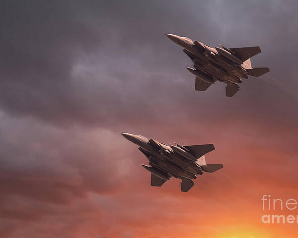 Usaf Poster featuring the photograph Two low flying F-15E Strike Eagles at sunset by Simon Bratt