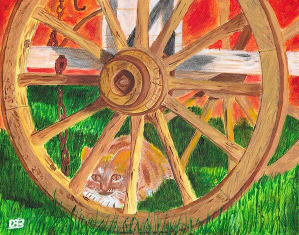 Cat Poster featuring the painting Under the wagon by David Bigelow