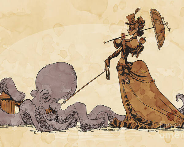 Steampunk Pets Octopus Poster featuring the digital art Walkies for Otto by Brian Kesinger