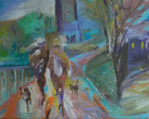 Cityscape Poster featuring the painting Walkin the Dogs by Susan Esbensen