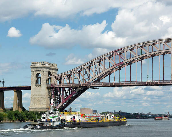 Barge Poster featuring the photograph Hell Gate Bridge and Barge by Cate Franklyn