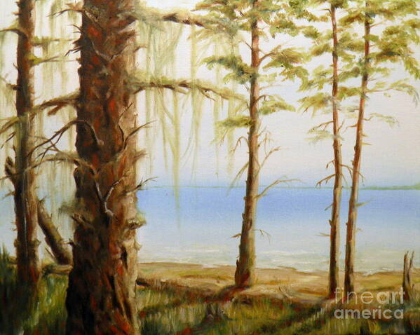 Ocean Water Sea Islands Trees Sky Mist Moss Beach Sand Waves Shadows Light Branches Log Stumps Grass Seascape Landscape Blue Green White Grey Brown Red Yellow Poster featuring the painting West Coast View by Ida Eriksen