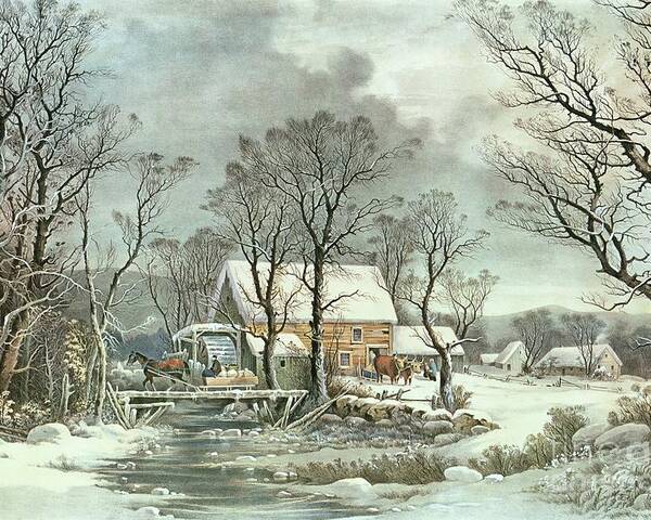 Winter In The Country - The Old Grist Mill Poster featuring the painting Winter in the Country - the Old Grist Mill by Currier and Ives
