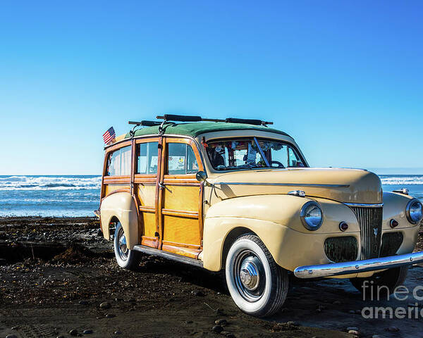 Beach Poster featuring the photograph Woodie Parked on Cardiff-by-the-Sea Beach by David Levin