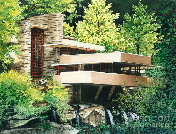 Watercolor Trees Poster featuring the painting Fallingwater-a Woodland Retreat by Frank Lloyd Wright by Barbara Jewell