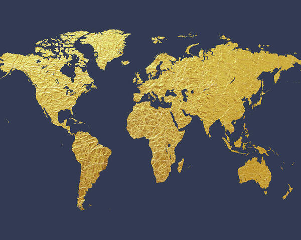 World Map Poster featuring the digital art World Map Gold Foil by Michael Tompsett