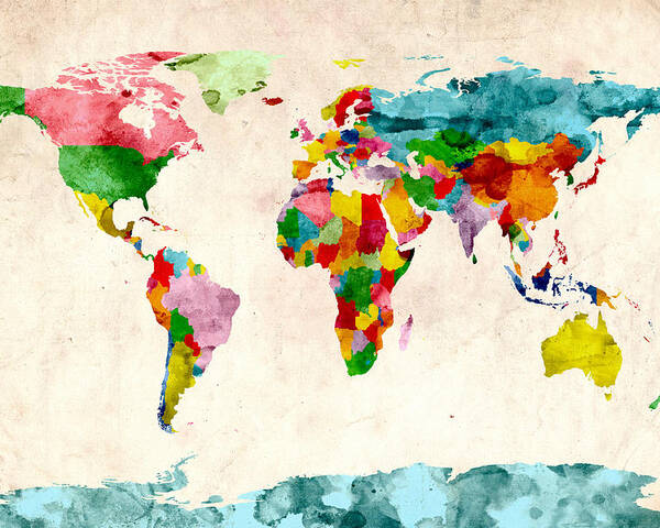 World Map Poster featuring the digital art World Map Watercolors by Michael Tompsett