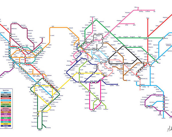 World Map Poster featuring the digital art World Metro Tube Subway Map by Michael Tompsett