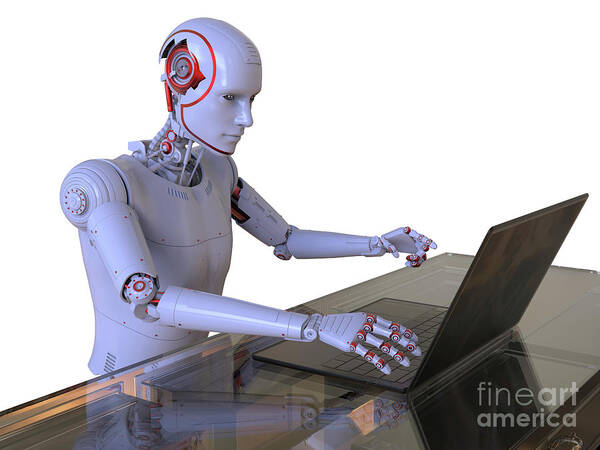 Robot Poster featuring the photograph Humanoid Robot Working With Laptop by Kateryna Kon/science Photo Library