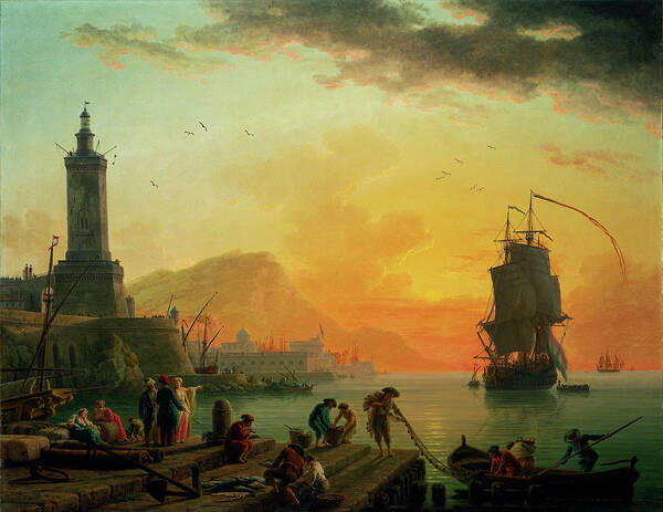 A Calm At A Mediterranean Port Poster featuring the painting A Calm at a Mediterranean Port by Claude Joseph Vernet by Rolando Burbon