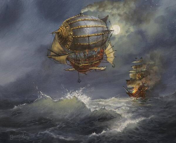Airship Poster featuring the painting Airship Attack by Tom Shropshire