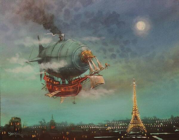 Steampunk Airship Poster featuring the painting Airship Over Paris by Tom Shropshire