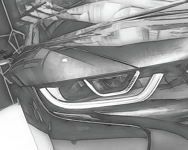 Bmw Poster featuring the digital art BMW i8 Front Abstract Black and White Sketch by Rick Deacon