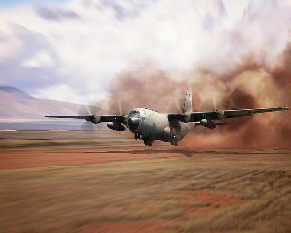 C-130 Hercules Poster featuring the digital art C130 Dirt Strip Landing by Airpower Art