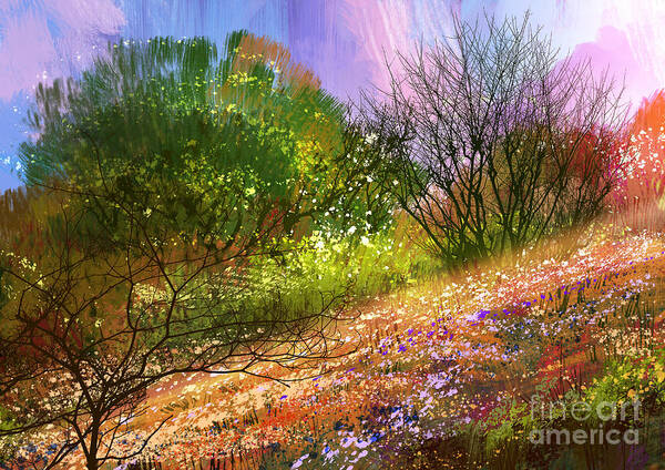 Forest Poster featuring the digital art Colorful Meadowlandscape Digital by Tithi Luadthong