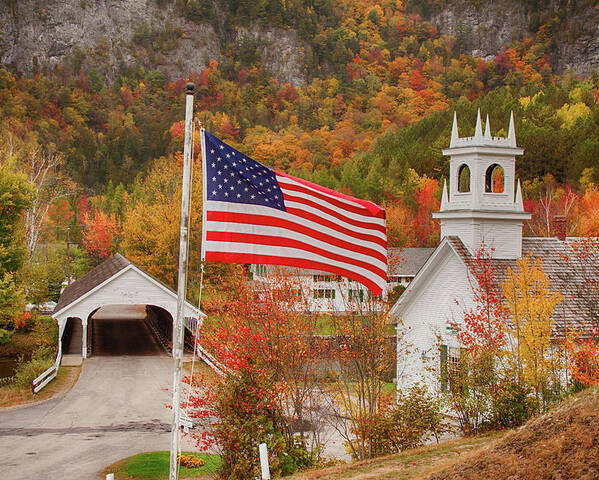 Autumn Poster featuring the photograph Flag flying over the Stark covered Bridge by Jeff Folger