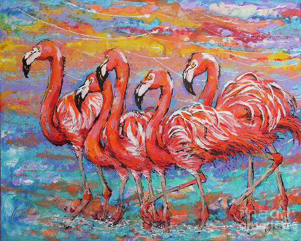  Poster featuring the painting Flamingos at Sunset by Jyotika Shroff