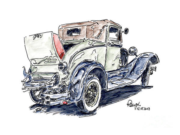 Ford Model A Poster featuring the drawing Ford Model A 1931 Classic Car Ink Drawing and Watercolor by Frank Ramspott