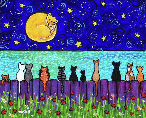 Full Moon Cats Ocean Poster featuring the painting Full Moon Cats Ocean by Shelagh Duffett