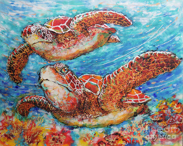 Marine Turtles Poster featuring the painting Giant Sea Turtles by Jyotika Shroff