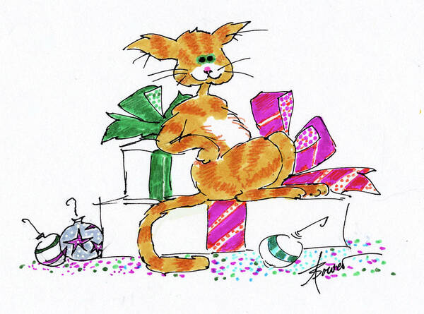 Christmas Poster featuring the painting Ginger Cat's Christmas by Adele Bower