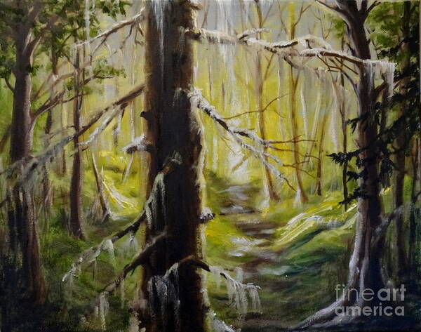 Forest Trees Light Dark Landscape Sky Shadows Shade Ground Moss Grass Branches Leaves Path Glow Poster featuring the painting Inside The Forest by Ida Eriksen