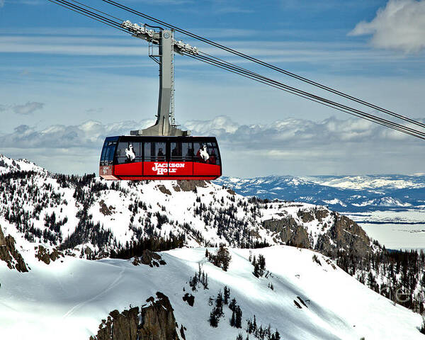 Jackson Hole Tram Poster featuring the photograph Jackson Hole Aerial Tram Over The Snow Caps by Adam Jewell