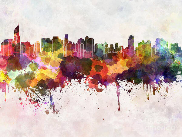 Color Poster featuring the digital art Jakarta Skyline In Watercolor Background by Cristina Romero Palma