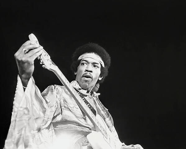 1969 Poster featuring the photograph Jimi Hendrix Tuning Guitar On Stage by Grant Harper Reid