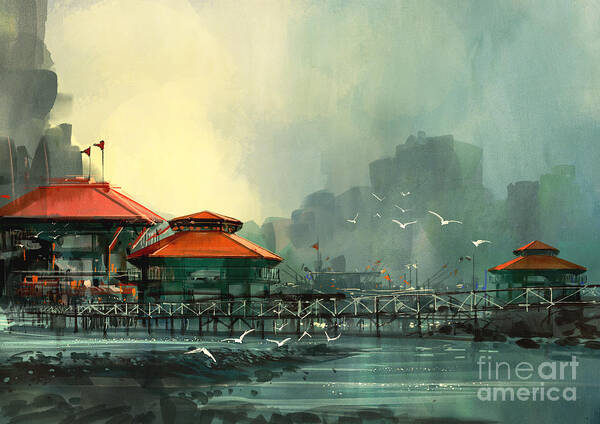 City Poster featuring the digital art Landscape Of Beautiful Harborfishing by Tithi Luadthong