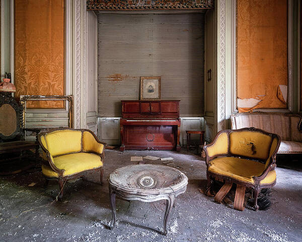 Urban Poster featuring the photograph Living Room in Decay with Piano by Roman Robroek